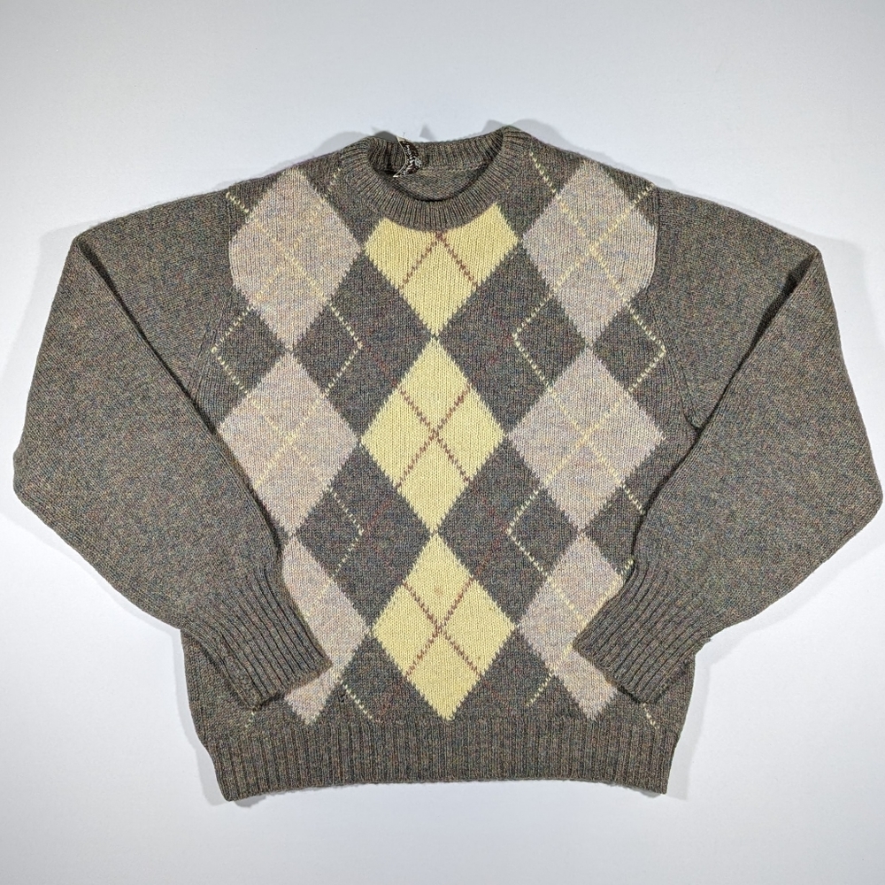 Vintage 70s Rockabilly Mens Medium Shetland Wool Knit Argyle Made In Ireland